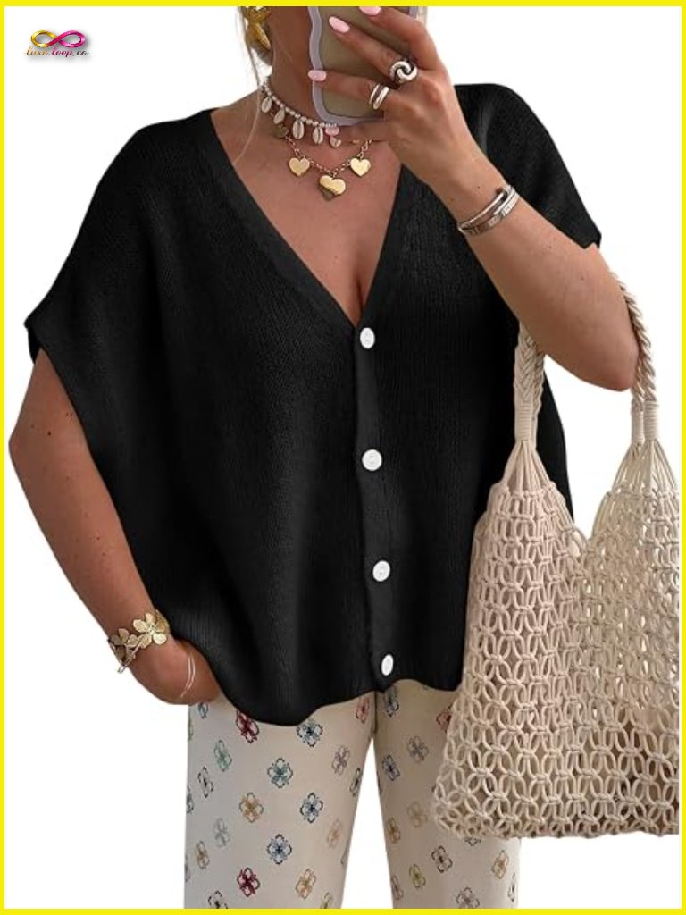Oversized Short Sleeve Cardigan V-Neck Batwing Lightweight Knit Summer Top